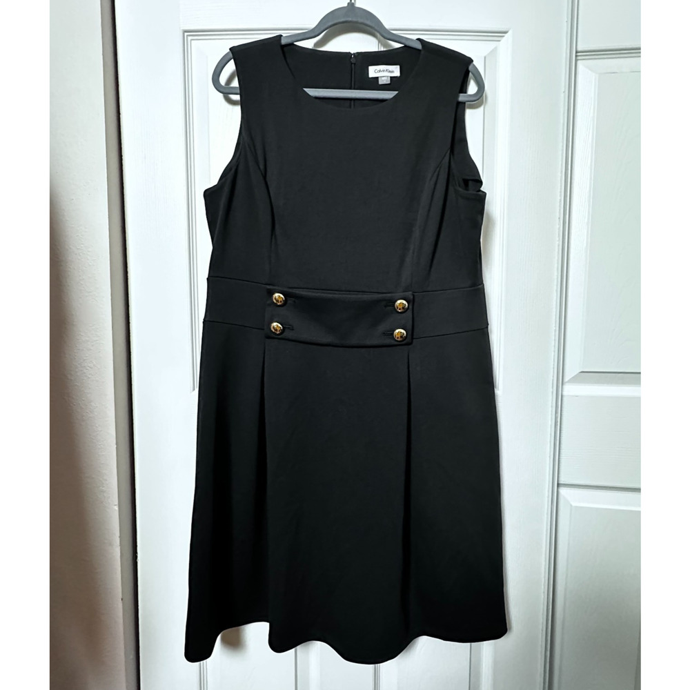 Calvin Klein Women's 16 Black Sleeveless Midi Sheath Dress w Gold Buttons